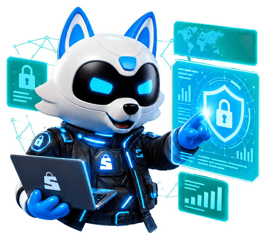 LoBot Seguridad con un portátil y paneles de ciberseguridad