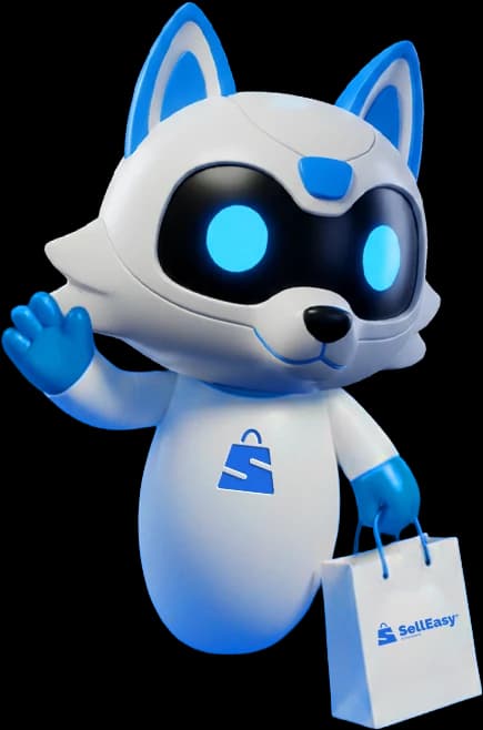 LoBot, la mascota azul y blanca de SellEasy, saludando con una bolsa de compras